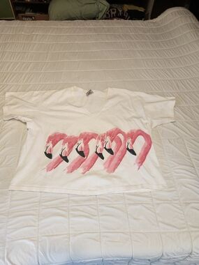 White Crop Top with Pink Flamingo Print